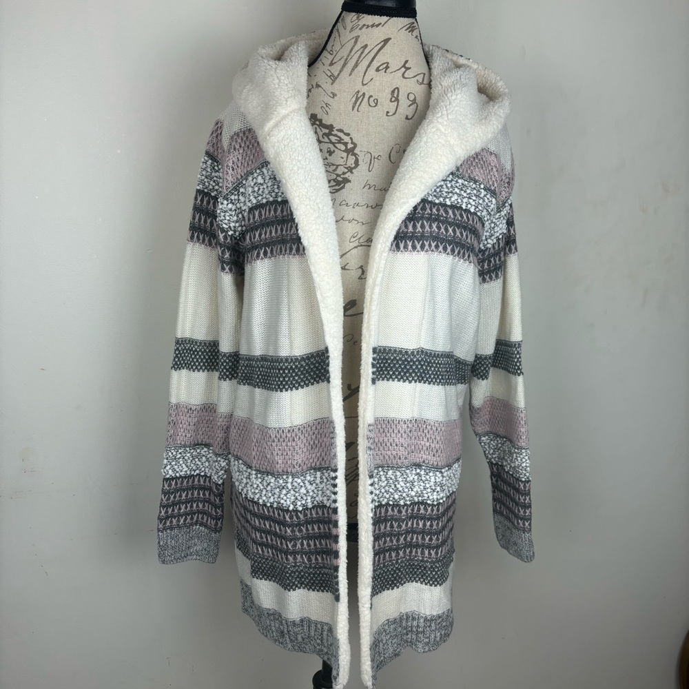 Christopher&Banks-hooded sweater-open cardigan-stripes-grey/tan/cream-NWT-Large